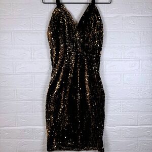Mystic Sequin Bodycon Dress Women Small Black Gold V-Neck Mini Cocktail